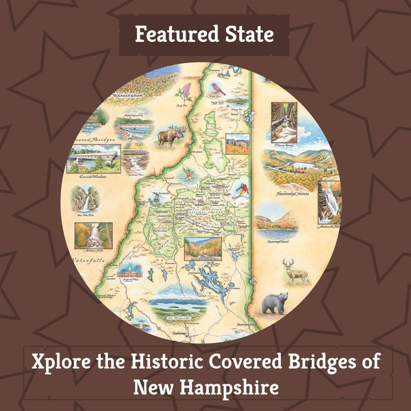 Xplorer Maps Blog "Xplore the Historic Covered Bridges of New Hampshire" with hand-drawn map of New Hampshire