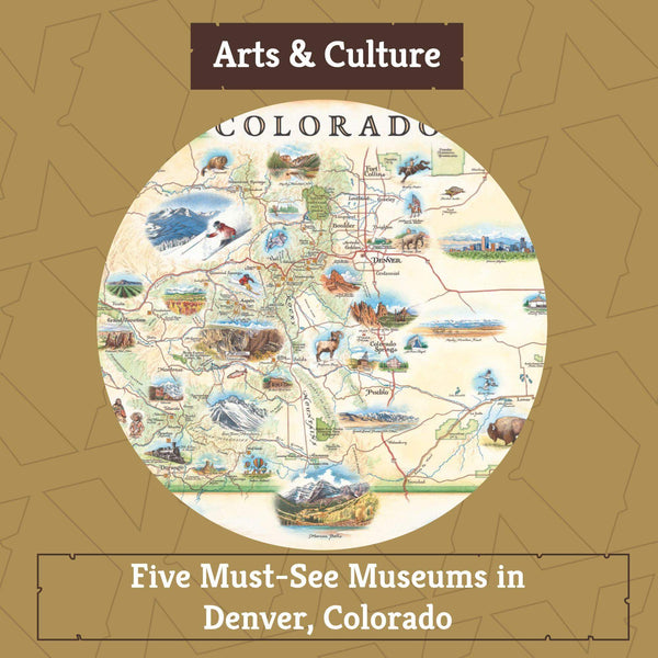 Xplorer Maps blog "Five Must-See Museums in Denver, Colorado" with image of Colorado state map