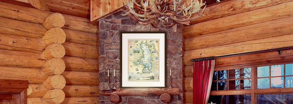 Log Cabin with the Flathead Lake framed map on a fireplace