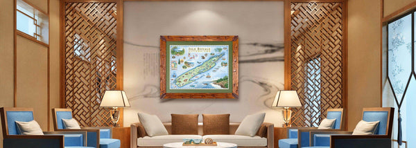 Brown wood walls and blue furniture in a living room with the Isle Royale National Park framed map art by Chris Robitaille hanging on a wall..