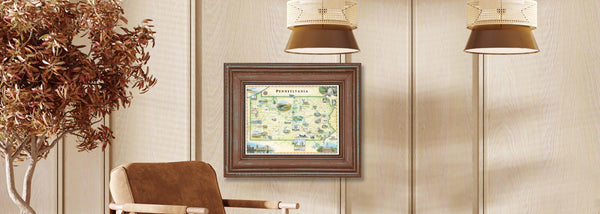 Natural Interior living room with chair and tree and pendant light displaying the Pennsylvania framed map art by Chris Robitaille.