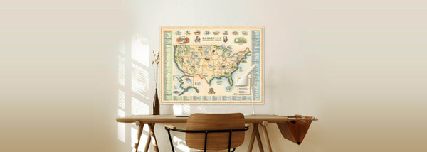 A home classroom or kid’s room with a desk and Roosevelt’s USA framed map art by Chris Robitaille.