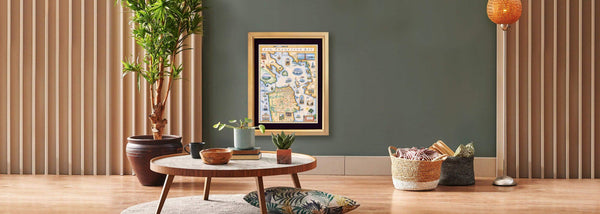 Interior home with terracotta plants displaying the San Francisco Bay Hand-illustrated map by Chris Robitaille. Artist on the right with car.