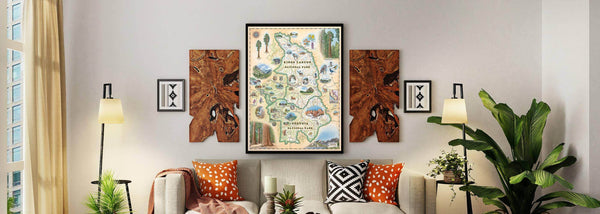 Sequoia & Kings Canyon National Park framed map over a couch. The interior room is filled with plants and wood art.