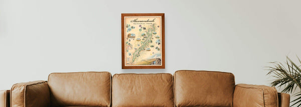 Interior home with plants displaying the Shenandoah National Park framed map by Chris Robitaille.