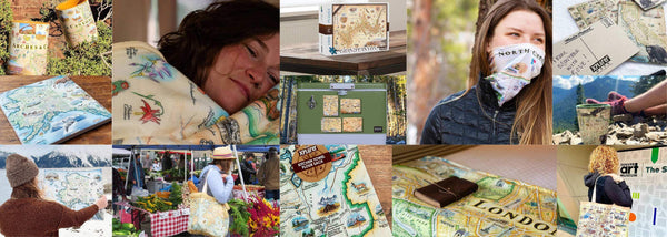 Xplorer Maps offers hand drawn map and accessories like Totes, Fleece Blankets, Gaiters, Coasters, Magnets, postcards, drinkware, and kitchen towels.