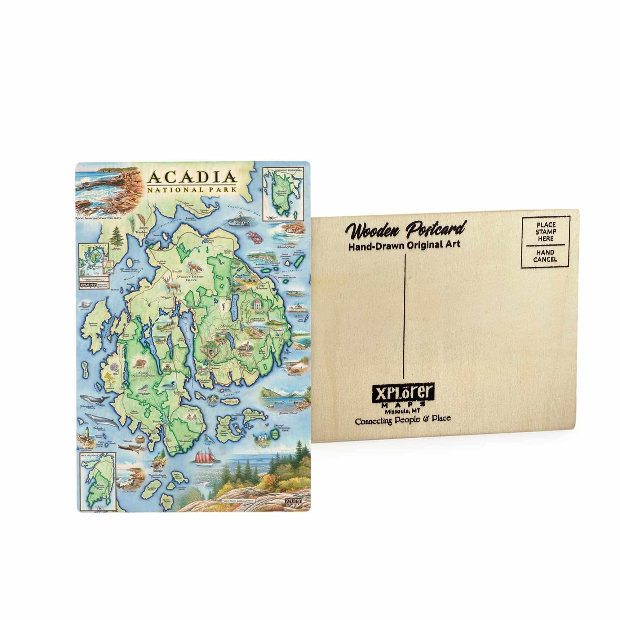 Acadia National Park wooden postcard in earth tone colors featuring hand-drawn illustrations of Cadillac Mountain, Otter Cliffs, lobster, and fishing boats.