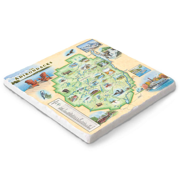 Hand-drawn Adirondacks map on a 6x6 natural stone trivet by Xplorer Maps.