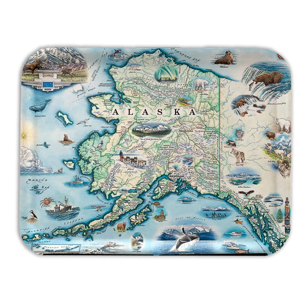 Alaska Serving tray with illustrations of bear. wolves, fishing boats, whales, inside passage, and many other illustrations.
