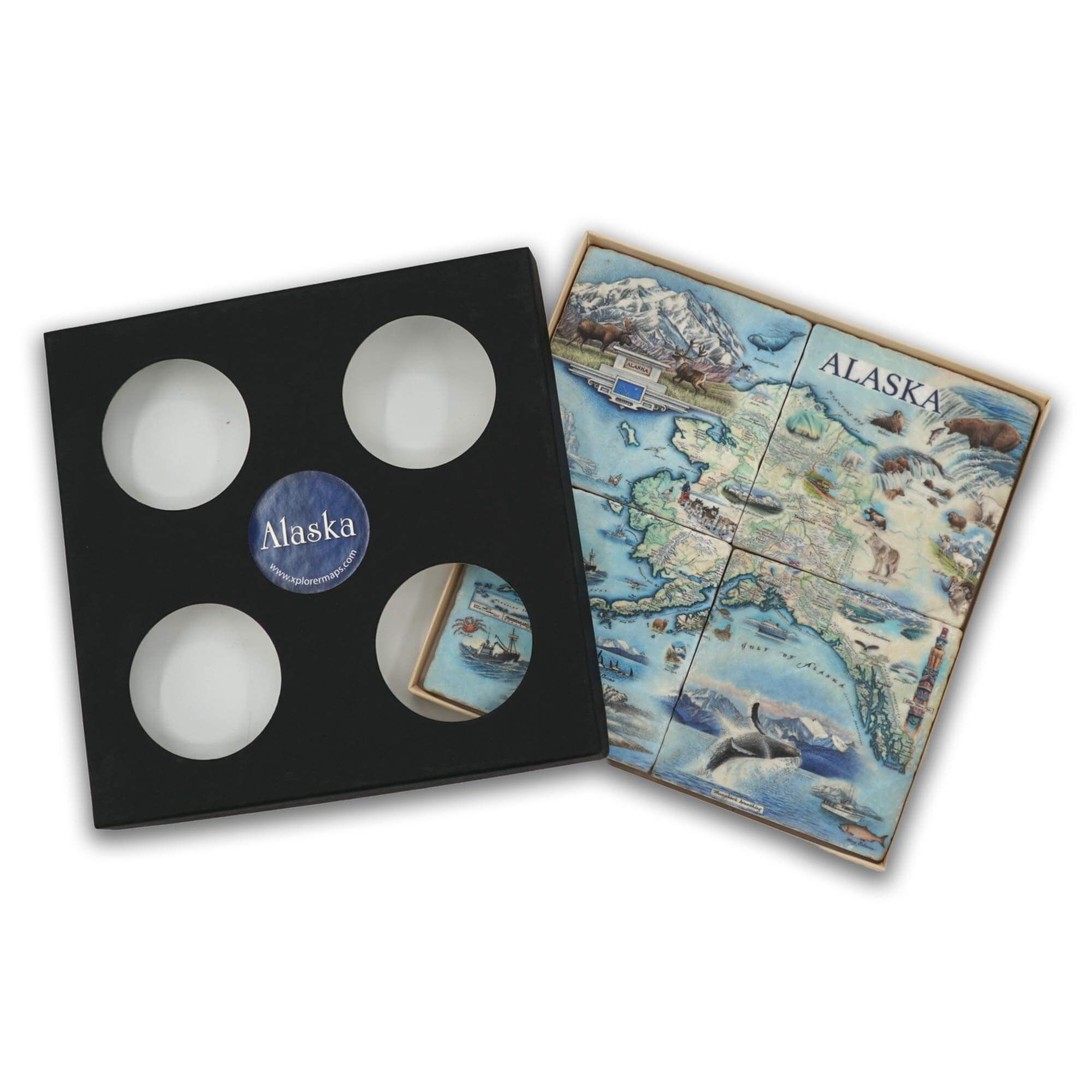 Xplorer Maps natural stone coasters set of 4 in a gift box. Made from Boccini Marble imported directly from Turkey, showcasing the map of Alaska with intricate details of its vast wilderness, stunning landscapes, and diverse wildlife.