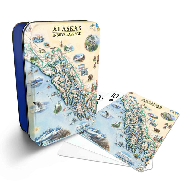 Alaska Inside Passage Map Playing cards that features iconic attractions, flora and fauna of that area - Blue Metal Tin