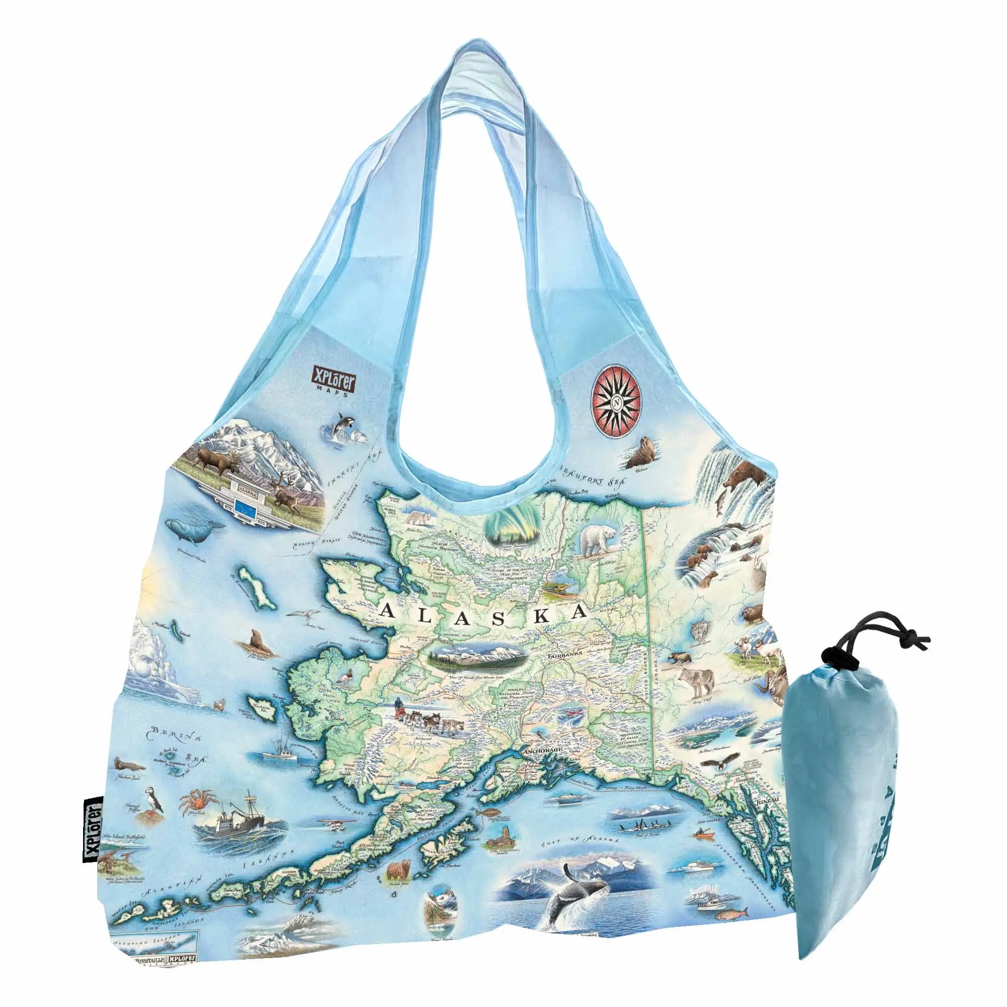 Alaska State map stuffable pouch tote bag in earth tone colors - featuring Denali National Park, bears, whale, mountain goat & sheep.
