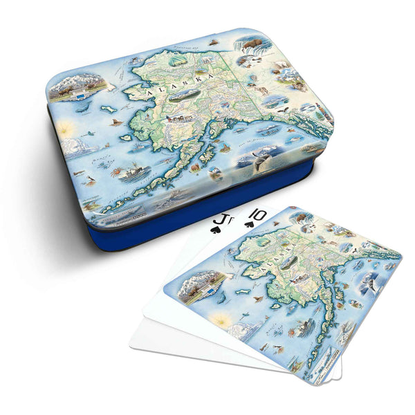 Alaska Map Playing cards that features iconic attractions, flora and fauna of that area - Blue Metal Tin