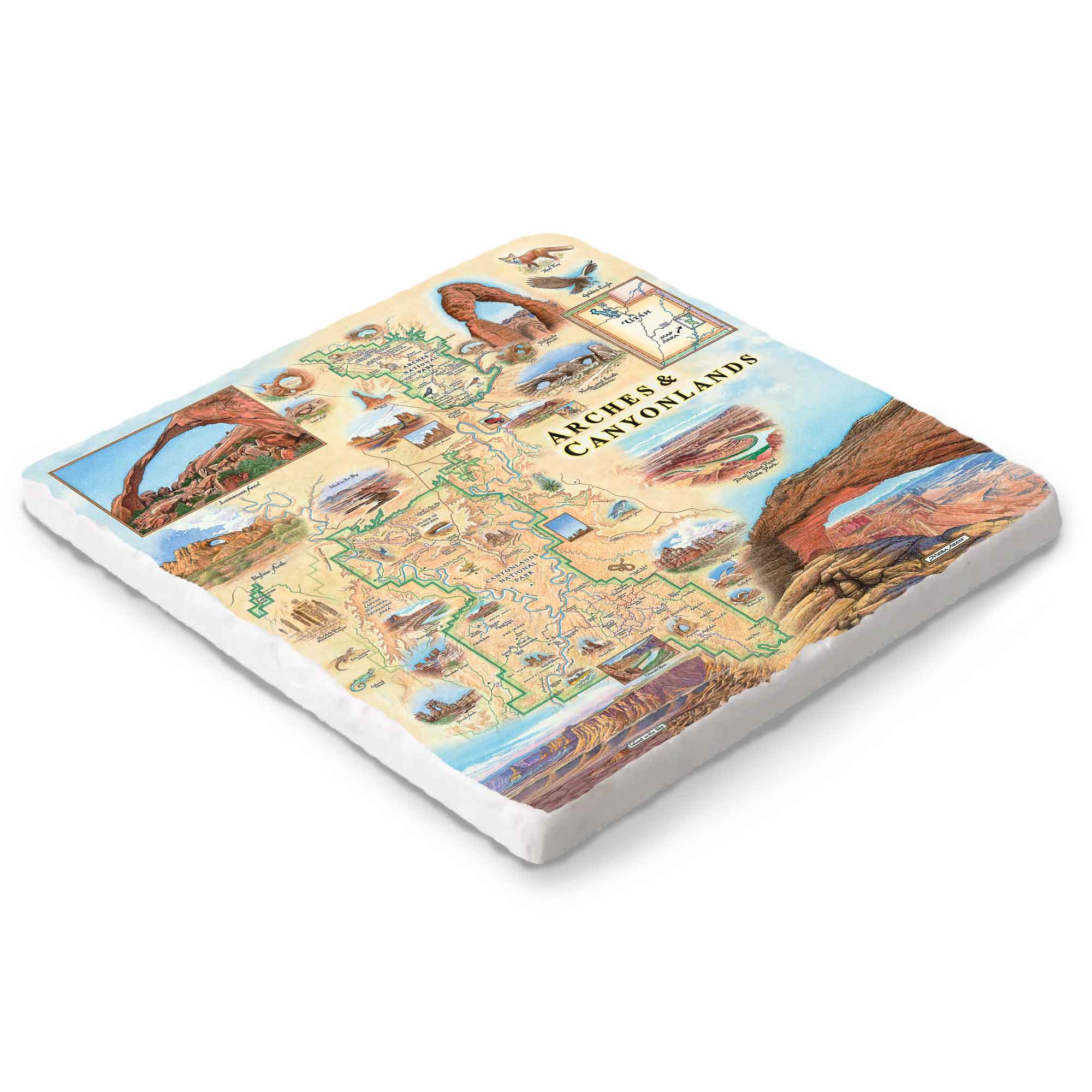 Arches and Canyonlands 6x6 natural stone trivet with hand-drawn map and wildlife art by Xplorer Maps on Boccini marble with cork backing.
