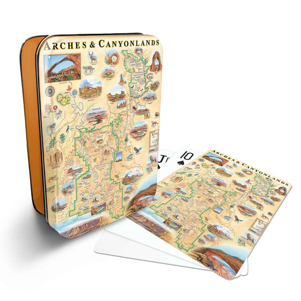 Arches and Canyonlands Map Playing cards that features iconic attractions, flora and fauna of that area - Orange Metal Tin