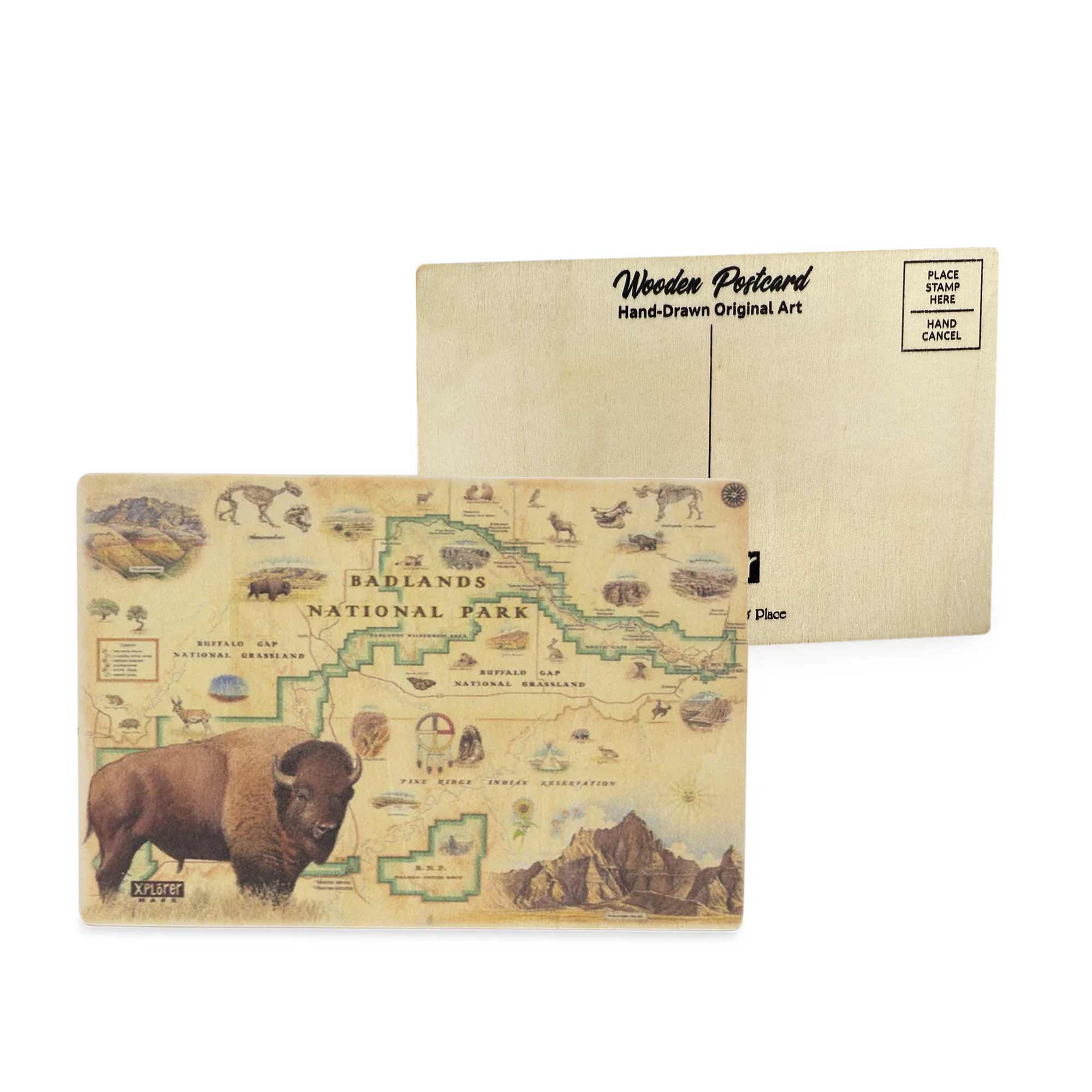 Badlands National Park Map wooden postcard in earth tone colors featuring hand-drawn illustrations of geological formations and native wildlife.