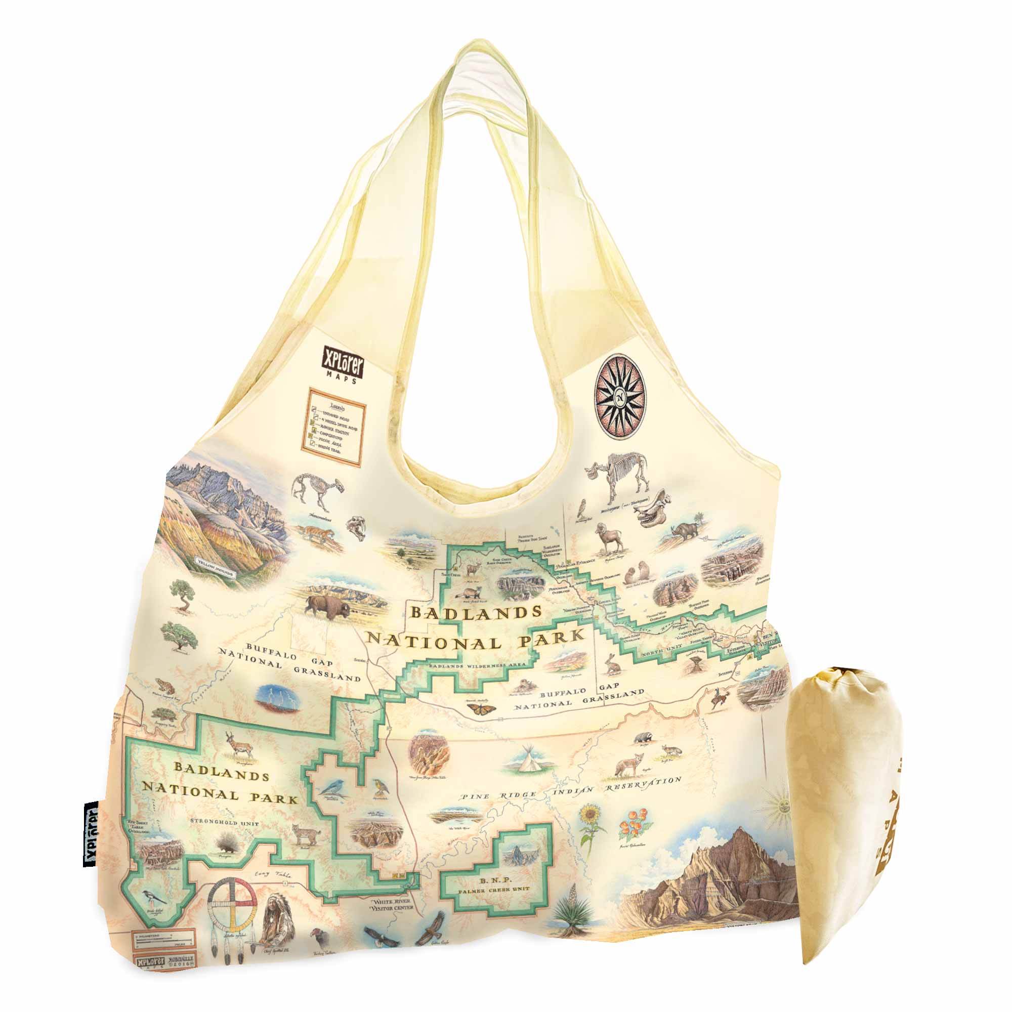 Badlands National Park map nylon stuffable pouch tote bag in earth tone colors. Featuring Buffalo Gap Grasslands, Vulture Peak, and Yellow Mounds Overlook. Flora and fauna of Jasper Tree, Yucca plant, deer, dinosaurs, birds, and fox.