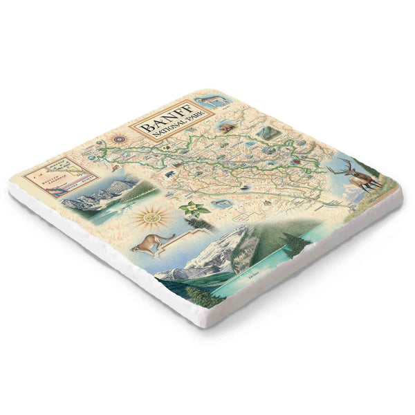 Banff National Park 6x6 natural stone trivet featuring hand-drawn map and wildlife art by Xplorer Maps on Boccini marble with cork backing.