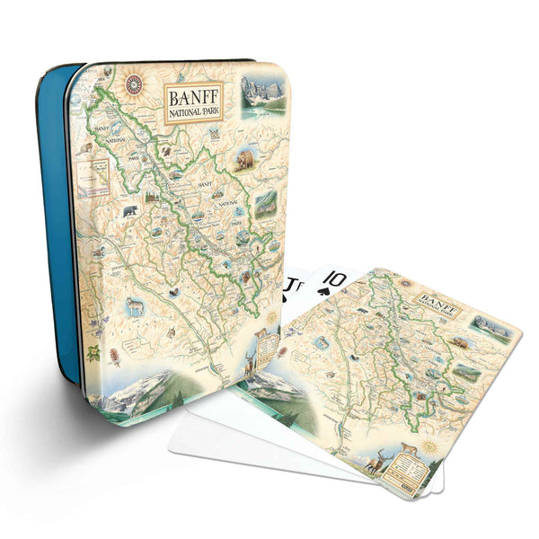 Banff National Park Map Playing cards that features iconic attractions, flora and fauna of that area - Blue Metal Tin
