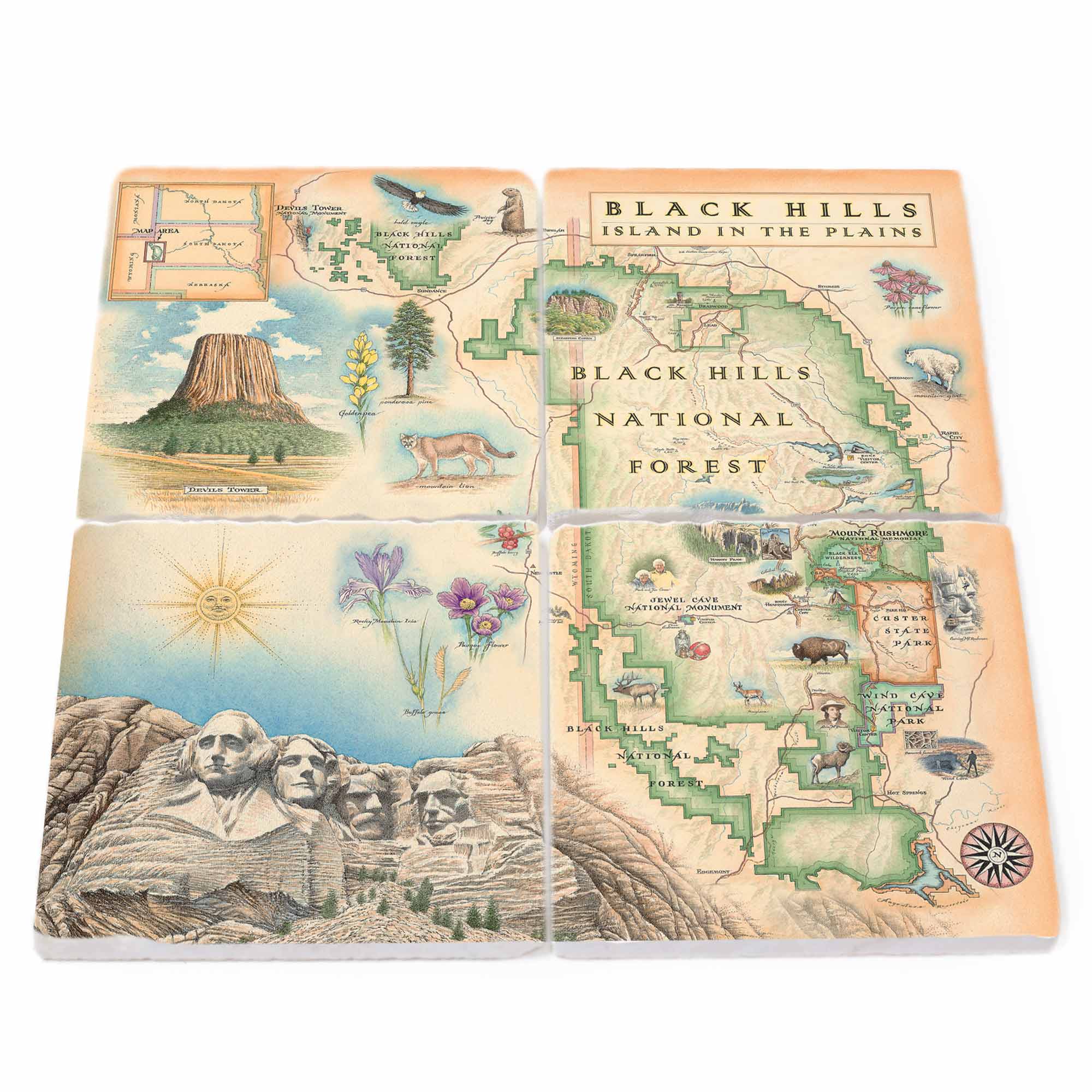 Natural stone coasters featuring the Black Hills National Forest, showcasing the lush woodlands, scenic trails, and iconic landmarks nestled within this pristine natural area of South Dakota.