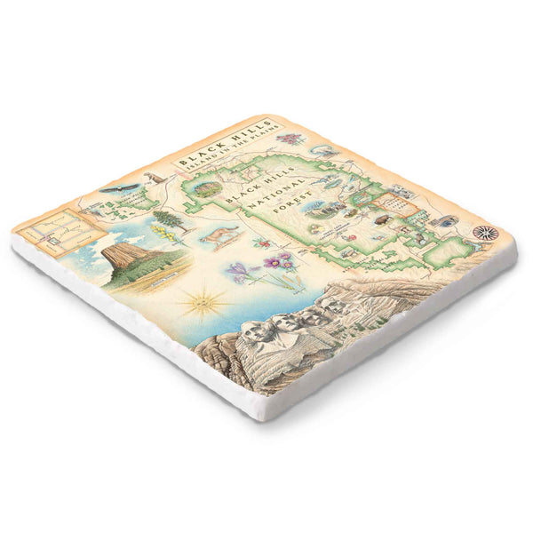 Hand-drawn Black Hills map on a 6x6 natural stone trivet by Xplorer Maps.