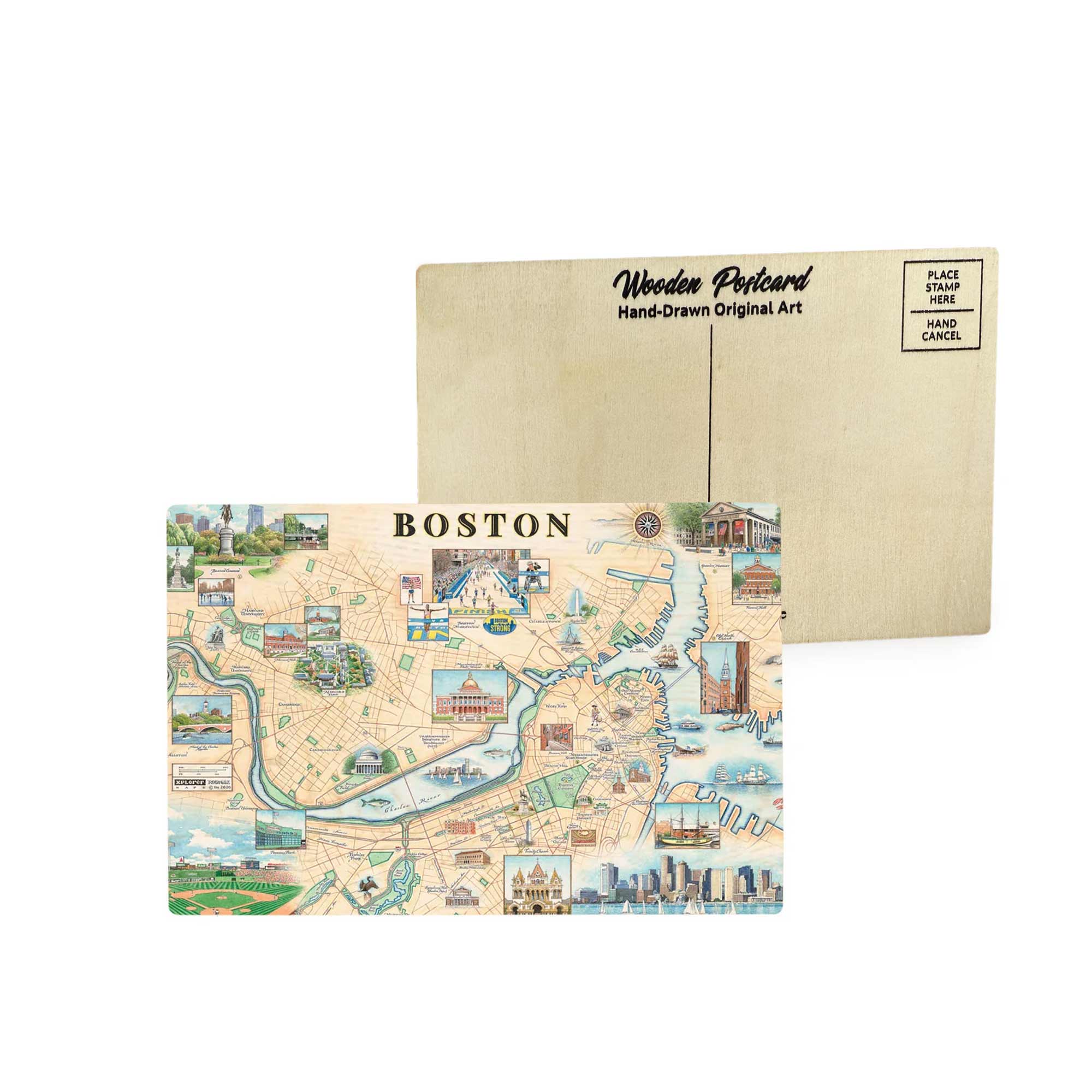 Boston City map wooden postcard in earth tone blues and greens featuring hand-drawn illustrations of Fenway Park, Boston Marathon, Massachusetts State House, and Boston Strong theme.
