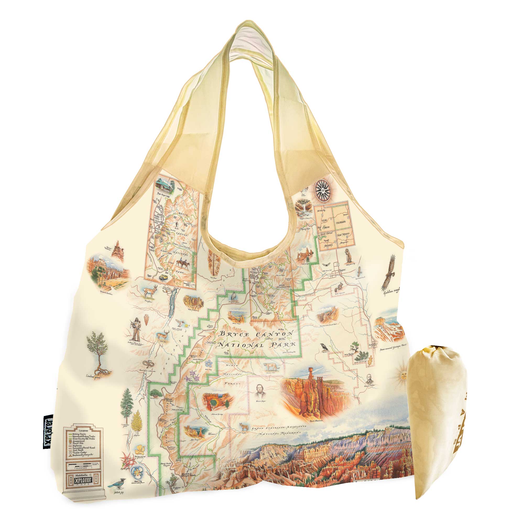 Bryce Canyon National Park Map pouch tote bag on earth tone colors featuring canyons, horseback, hoodoos, Rim Trail, Sunrise Point, Sunset Point, Inspiration Point and Bryce Point.
