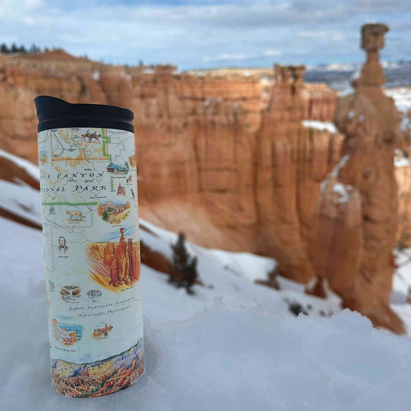 Bryce Canyon National Park Travel Bottle in snow by Canyon. Map includes Thors Hammer, Bryce Amphitheater, Ebenezer Bryce. 
