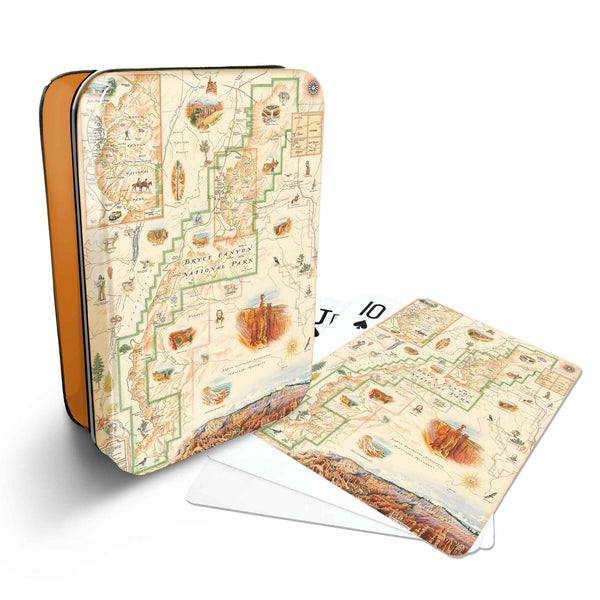Bryce Canyon Map Playing cards that features iconic attractions, flora and fauna of that area - Orange Metal Tin