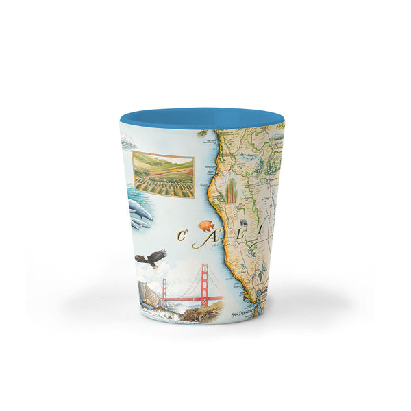 Northern California Shot Glass featuring local flora and fauna including blad eagle, sea life, and brown bears. Cities and attractions include Golden Gate Bridge, Alcatraz,  and Redwood Forest. Cities on the map iclude San Francisco.