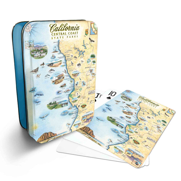 California Central Coast State Parks Map Playing cards that features iconic attractions, flora and fauna of that area - Blue Metal Tin