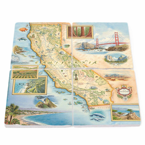 Natural stone coasters made from Boccini Marble imported directly from Turkey, showcasing the map of California, including iconic cities such as San Francisco with its Golden Gate Bridge, San Diego with its stunning beaches and world-renowned zoo, and Los Angeles with its Hollywood sign and vibrant entertainment scene, among other major cities and tourist attractions.