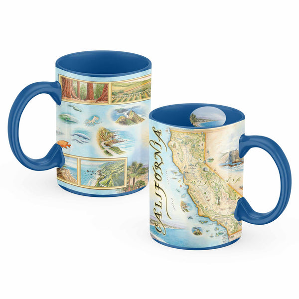 A vibrant California state mug showcasing iconic cities like San Francisco, Sacramento, San Diego, and Los Angeles, alongside a rich tapestry of flora and fauna. This includes representations of marine life, black bears, redwoods, and the scenic vineyards of wine country, capturing the diverse beauty of the Golden State