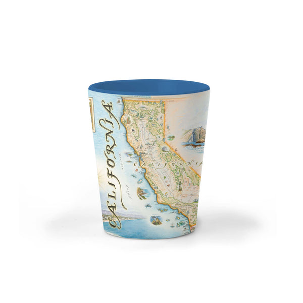  California State Map Ceramic shot glass. Featuring birds whales, seals, otters, and butterflies.  Cities that are included are San Francisco to Los Angeles, San Diego,  Arroyo Grande, Sacramento, San Luis Obispo, Morro Bay, and Paso Robles.