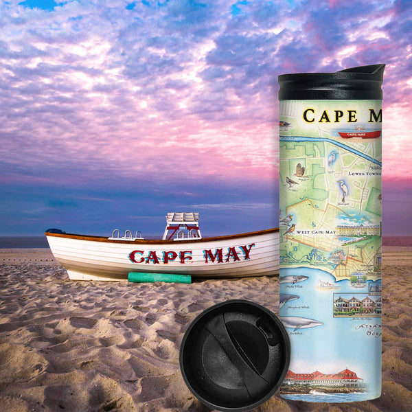 New Jersey's Cape May Map Travel Drinkware. In the backdrop is a photo of the Cape May boat on the beach during a sunset.