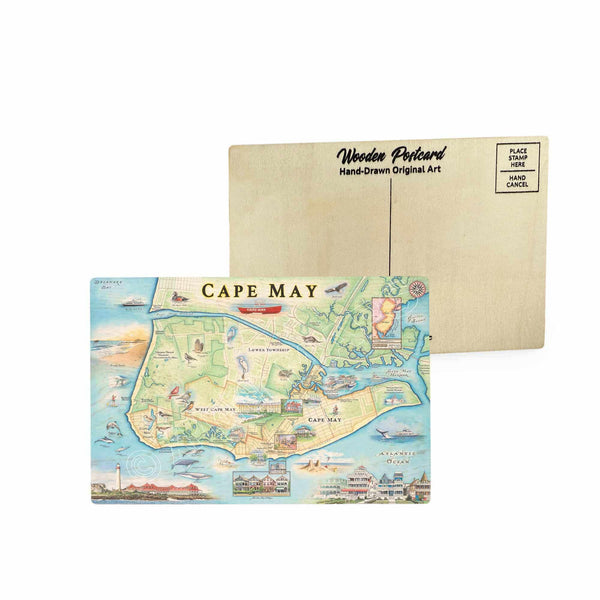 New Jersey Cape May Map wooden postcard in earth tone blues and greens featuring hand-drawn illustrations of Cape May landmarks and coastal wildlife including herons and whales.