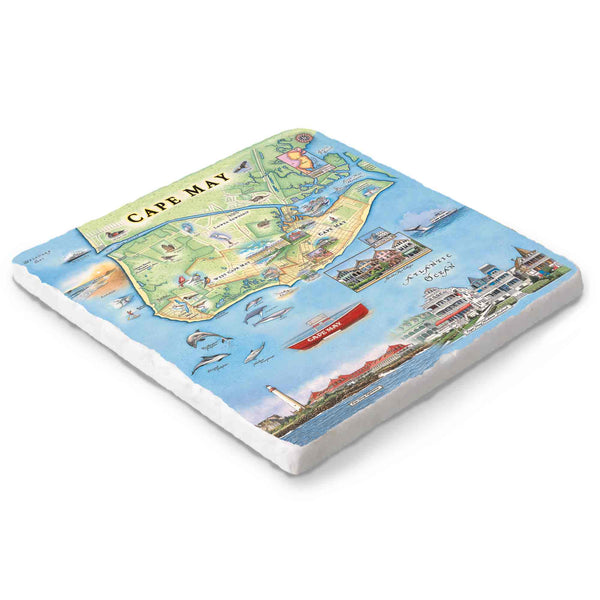 Hand-drawn Cape May map on a 6x6 natural stone trivet by Xplorer Maps.