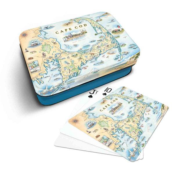 Cape Cod Map Playing cards that features iconic attractions, flora and fauna of that area - Blue Metal Tin