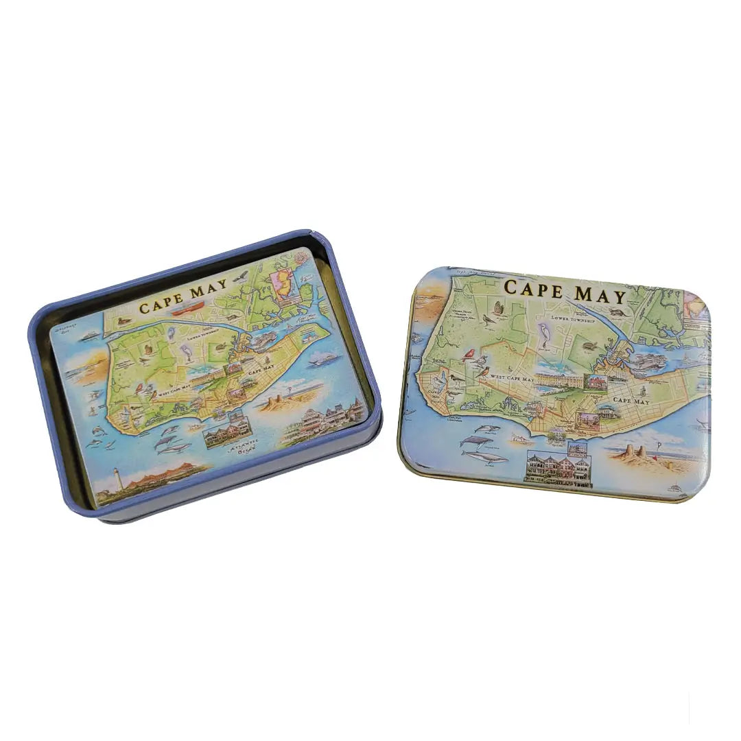 Cape May Map Playing cards inside tin with the lid off.