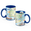 Cape May Map coffee mug front and back view in earth tones of blue and green. The map features heron and whale species. Map features Cape May, Lower Township, and West Cape May. Cape May Harbor, Congress Hall, Washington St. Mall, and Cape May Bird Observatory. 