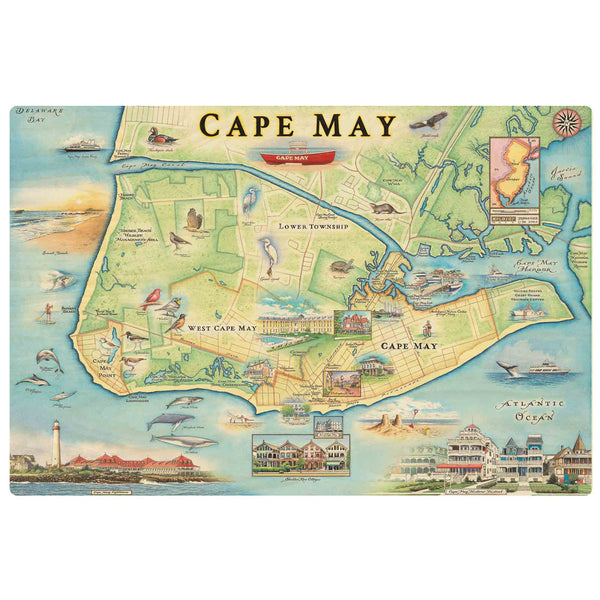 New Jersey's Cape May Map wood sign in earth tones of blue and green. The map features heron and whale species. Map features Cape May, Lower Township, and West Cape May. Cape May Harbor, Congress Hall, Washington St. Mall, and Cape May Bird Observatory.