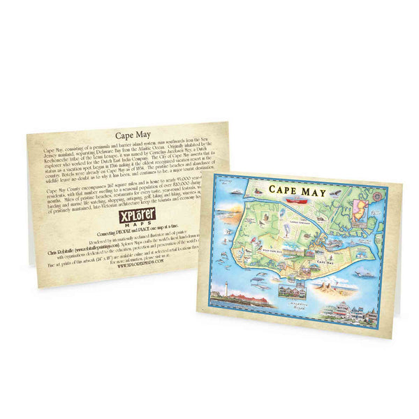 A set of 12 Cape May map blank note cards featuring charming local attractions, perfect for capturing memories or sending heartfelt messages. Each card showcases the quaint beauty of Cape May, New Jersey, from its historic lighthouses and Victorian architecture to its picturesque beaches and vibrant community.