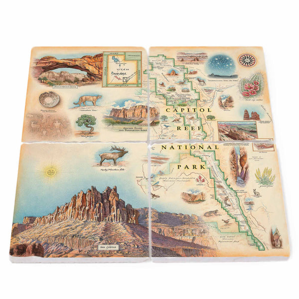 mage: Natural stone coasters crafted from Boccini Marble imported directly from Turkey, depicting Capitol Reef State Park with its iconic monuments like the Castle and Hickman Bridge, alongside diverse flora and fauna including elk, bunnies, birds, cactus, mountain lions, and juniper trees.
