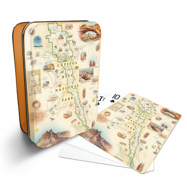 Capitol Reef National Park Map Playing cards that features iconic attractions, flora and fauna of that area - Orange Metal Tin