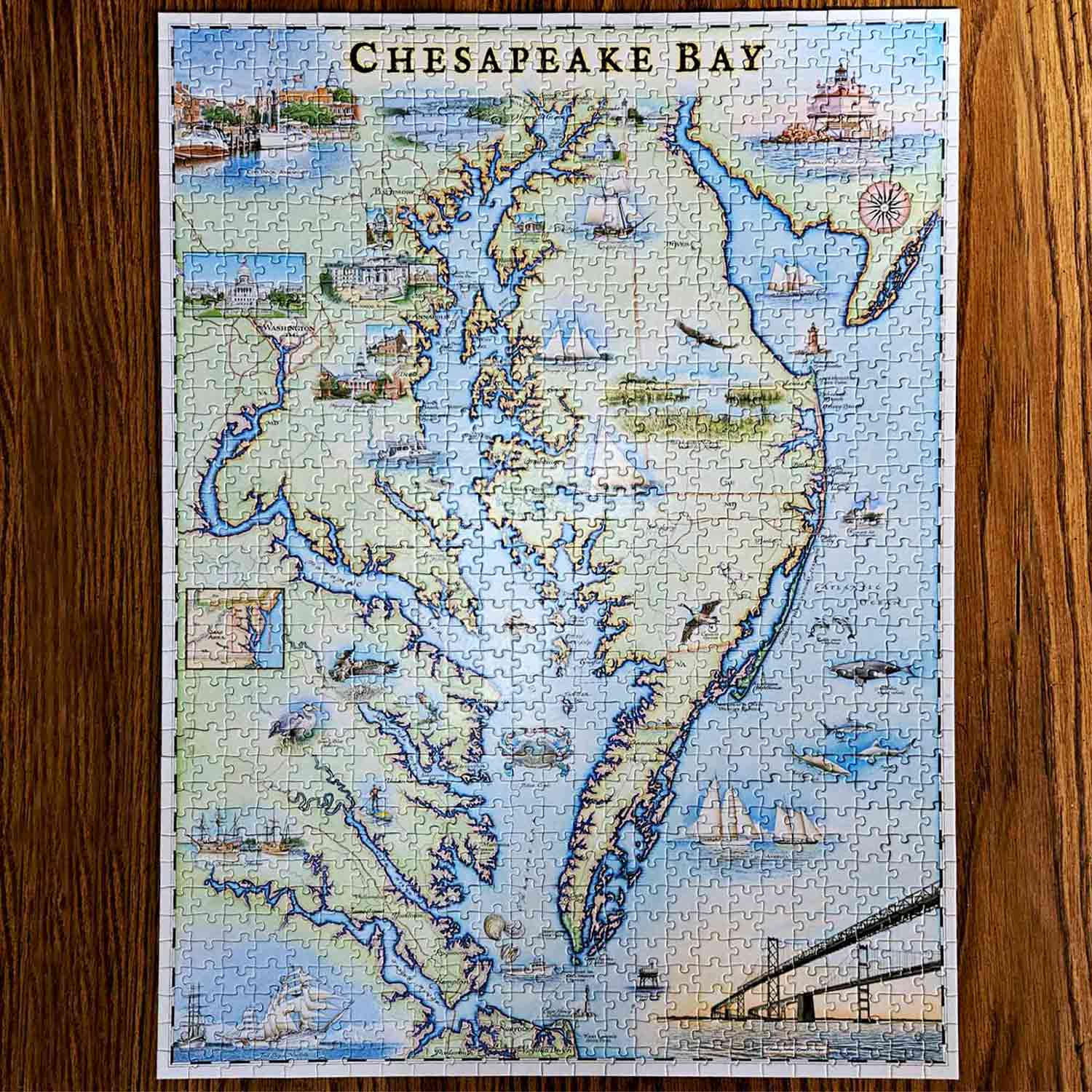 Chesapeake Bay Puzzle on a wood table completed.