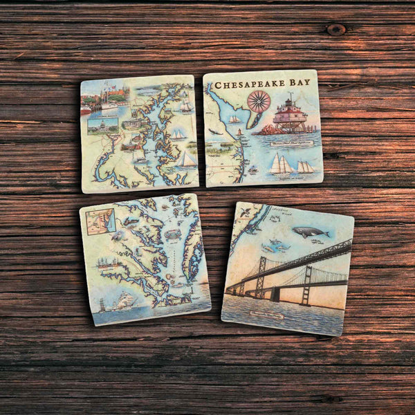 Chesapeake Bay Natural Stone Coasters in shades of blue, green, and tan, sitting on a wood table. The design showcases Thomas Point Shoal Lighthouse, boats, whales, sharks, and dolphins, capturing the maritime essence of the bay. Explore City Dock Annapol
