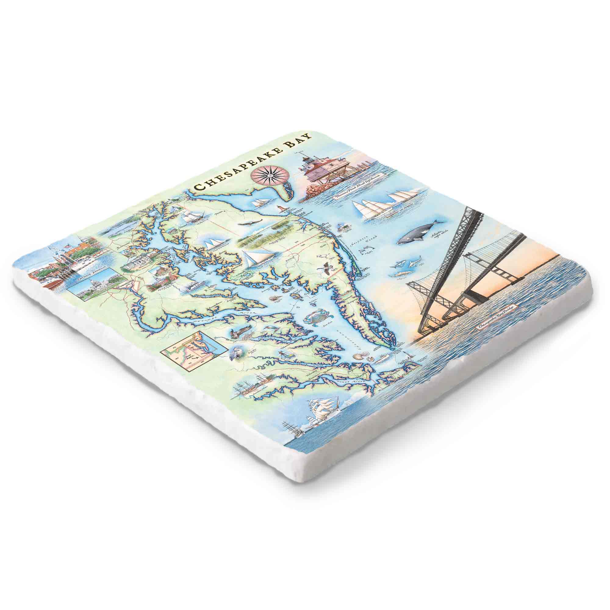 Hand-drawn Chesapeake Bay map on a 6x6 natural stone trivet by Xplorer Maps.
