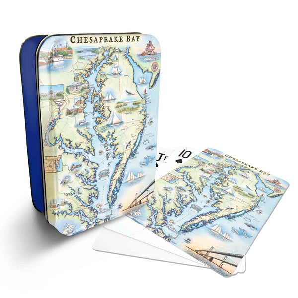 Chesapeake Bay Map Playing cards that features iconic attractions, flora and fauna of that area - Blue Metal Tin