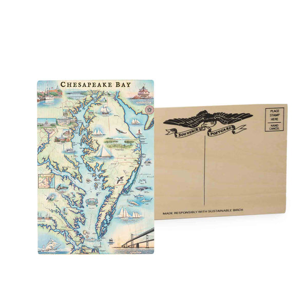 A charming Chesapeake Bay wooden birch postcard, crafted for mailing, showcasing the timeless allure of the region. Illustrated with iconic landmarks, serene waterscapes, and abundant wildlife, this postcard offers a unique way to share the beauty of the Chesapeake Bay with loved ones near and far