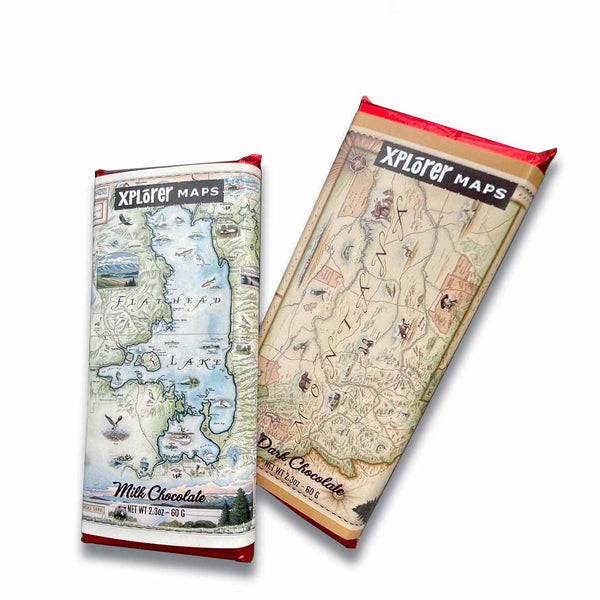Xplorer Maps and Posh Chocolat chocolate bars in Milk or Dark Chocolate. Choose from Flathead Lake Map or Montana Map. 